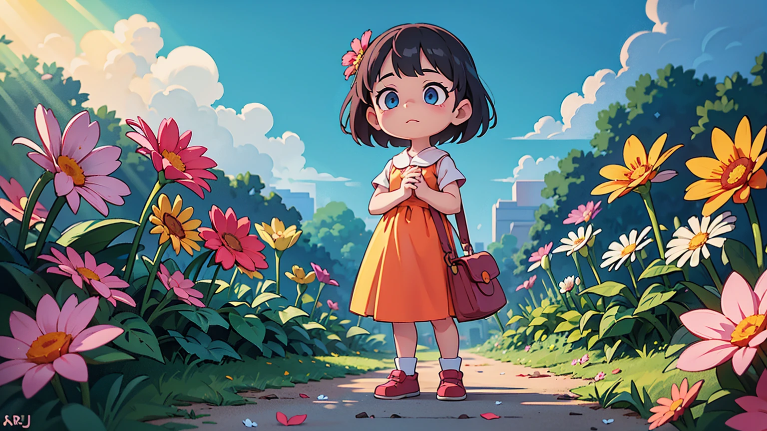 A vibrant flower blooms on the dirty ground of a large gray avenue. A crowd of gray, soulless people crosses the streets. A colorful , glowing with bright hues, stands protectively over the flower, protecting it with her little hands and determined eyes. Sunlight breaks through the dark clouds. Studio Ghibli style