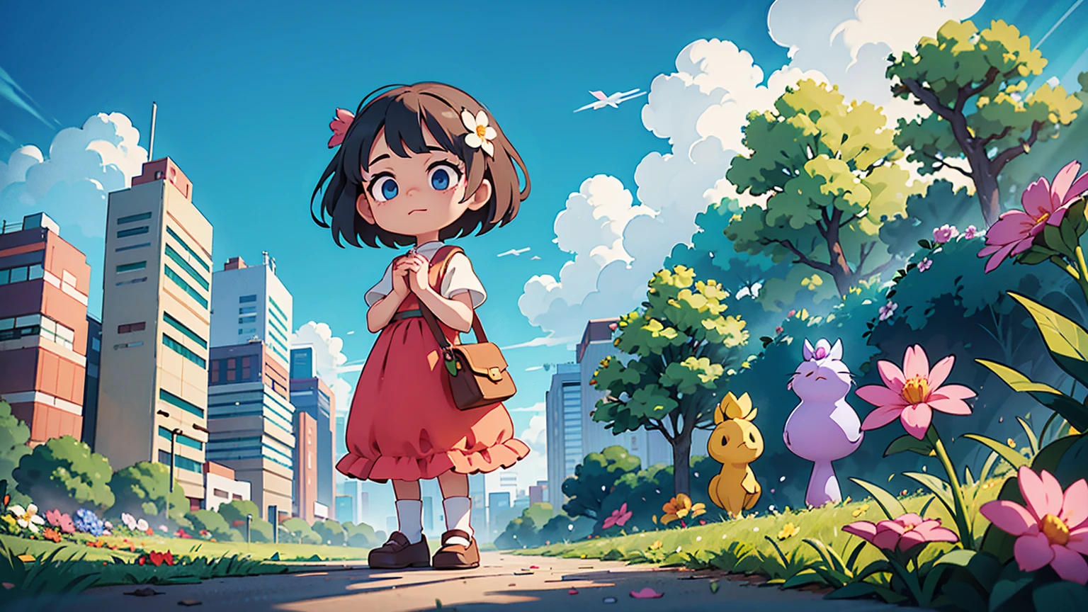 A vibrant flower blooms on the dirty ground of a large gray avenue. A crowd of gray, soulless people crosses the streets. A colorful , glowing with bright hues, stands protectively over the flower, protecting it with her little hands and determined eyes. Sunlight breaks through the dark clouds. Studio Ghibli style