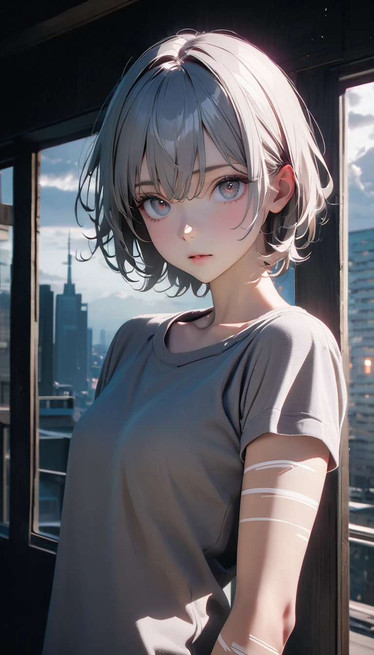 (8K, RAW photos, best quality, masterpiece: 1.4), (((Looking at the white digital lines on my arm))),Ultra-high resolution, Extremely detailed, light, closeup of arms, Handsome man, black eyes, (delicate eyes, Eyes are bright:1.2), Gray short hair, Fair skin,dark, Grey sweatshirt, sweatshirt with hood,(perfect anatomy:1.2), High-quality shadows, Natural Lighting, (white highlights:1.2), night, cloudy day, (at home:1.2), (Room:1.2)