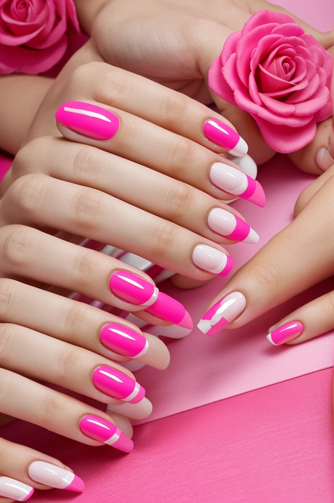 Professional manicurist girl in a salon painted pink and with her logo that says alejandra logos in neon pink tone with circular flowers