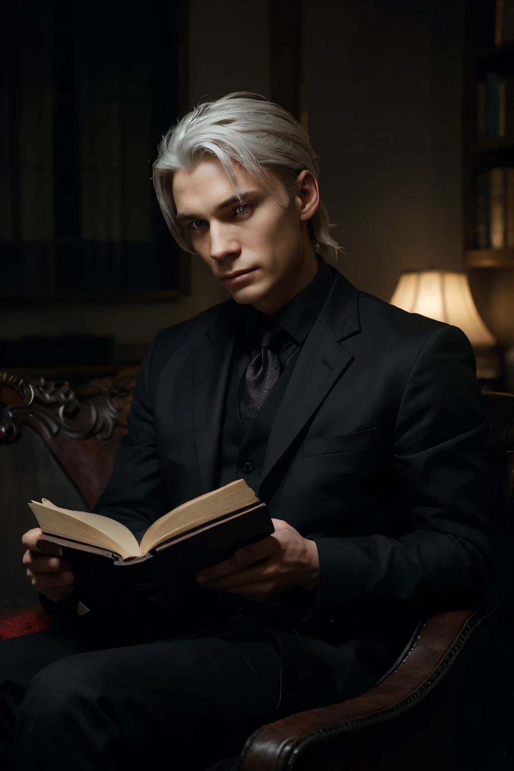 a handsome man, 25 years old, sickly, in a black suit sitting down on a red chair reading a book, extremely detailed face, beautiful blue eyes, white hair, detailed portrait of a sinister librarian, inspired by Ushiromiya Battler and Kinzo, Cillian Murphy's facial features, call of cthulhu style, photorealistic, dramatic lighting, chiaroscuro, cinematic composition, intricate details, dark color palette, moody atmosphere