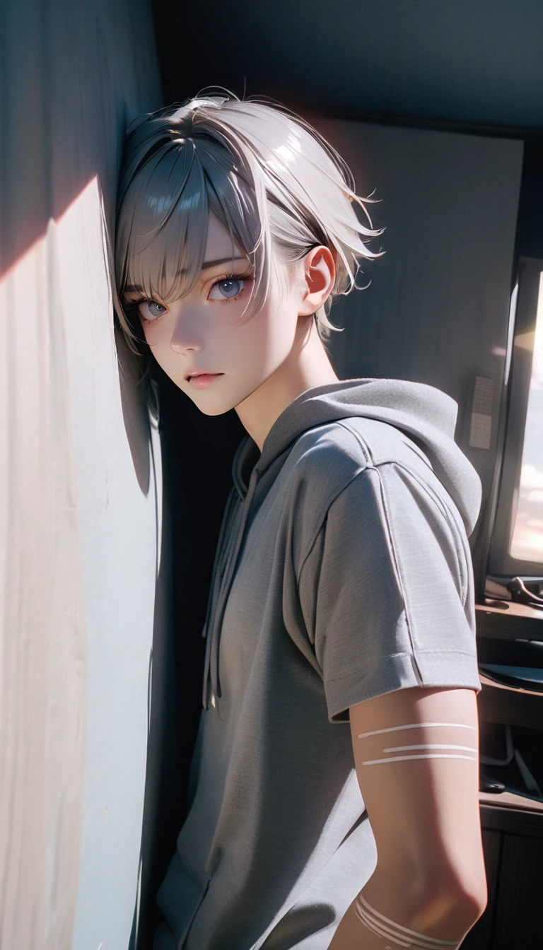 (8K, RAW photos, best quality, masterpiece: 1.4), (((Looking at the white digital lines on my arm))),Ultra-high resolution, Extremely detailed, light, closeup of arms, Handsome man, black eyes, (delicate eyes, Eyes are bright:1.2), Gray short hair, Fair skin,dark, Grey sweatshirt, sweatshirt with hood,(perfect anatomy:1.2), High-quality shadows, Natural Lighting, (white highlights:1.2), night, cloudy day, (at home:1.2), (Room:1.2)