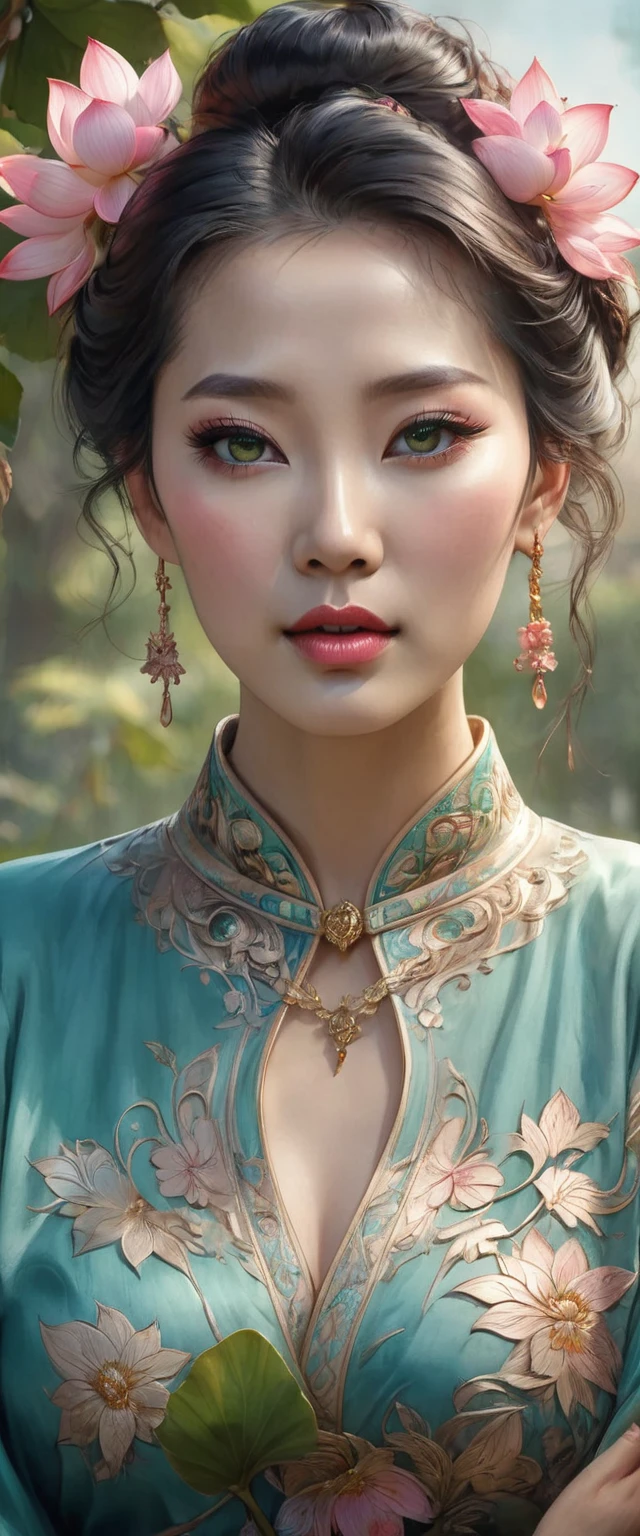 ((plano general, whole body:1.6)), ((a detailed beautiful girl with Cheongsam in Cantonese, in profile with a lotus flower in his hands:1.3, It is a type of female dress of Manchu origin used in China, beautiful colors., pink cyan, green:1.5)), detailed eyes, detailed face, long eyelashes, detailed hair and updo elegant and beautiful dressed elegantly, standing under a tree, sunlight splashing on the leaves, vibrant colors, photorealistic, 8K, high quality, cinematic lighting, portrait, (Best Quality,4k,8K,high resolution,masterpiece:1.2),ultra detailed,sharp focus, Very detailed face,extremely detailed facial features,hyper realista skin texture,extremely fine details,intricate details,detailed eyes,Detailed nose,detailed lips,Detailed facial expressions,intricate facial anatomy,intense lighting, dramatic lighting,Changing lighting,cinematic lighting,chiaroscuro lighting,dramatic shadows,dramatic moments,vivid colors,intense colours,Deep contrast,cinematic depth of field,cinematographic composition,cinematic camera angle