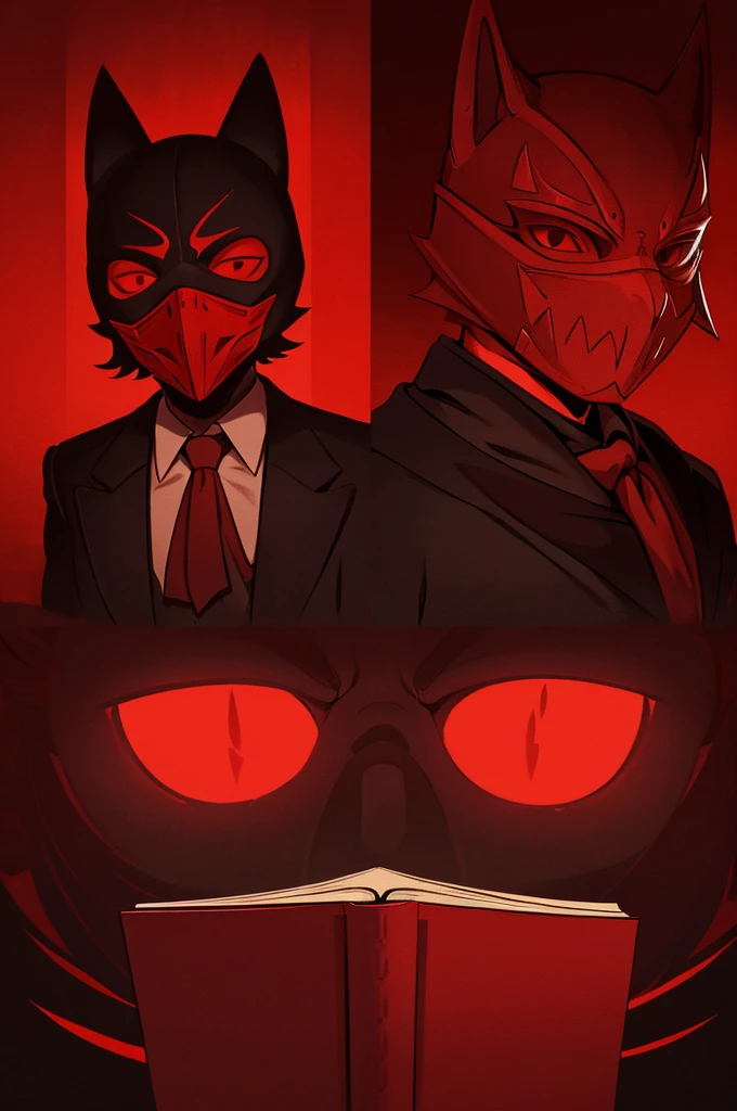 make a book cover inspired by the devils nigh books, Masked man with a mask similar to Damon Torrance but in the same red color