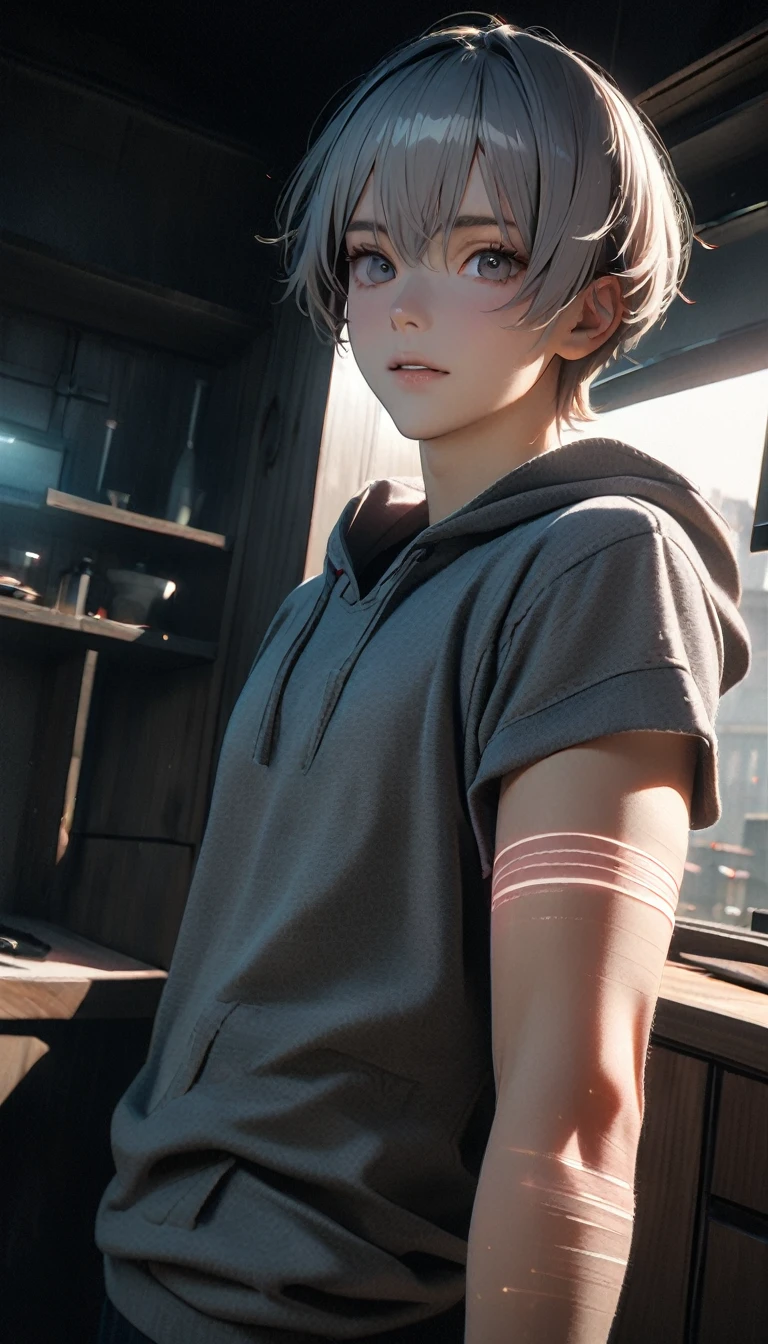 (8K, RAW photos, best quality, masterpiece: 1.4), (((Looking at the white digital lines on my arm)))，Ultra-high resolution, Extremely detailed, light, closeup of arms, Handsome man, black eyes, (delicate eyes, Eyes are bright:1.2), Gray short hair, Fair skin,dark, Grey sweatshirt, sweatshirt with hood,(perfect anatomy:1.2), High-quality shadows, Natural Lighting, (white highlights:1.2), night, cloudy day, (at home:1.2), (Room:1.2)
