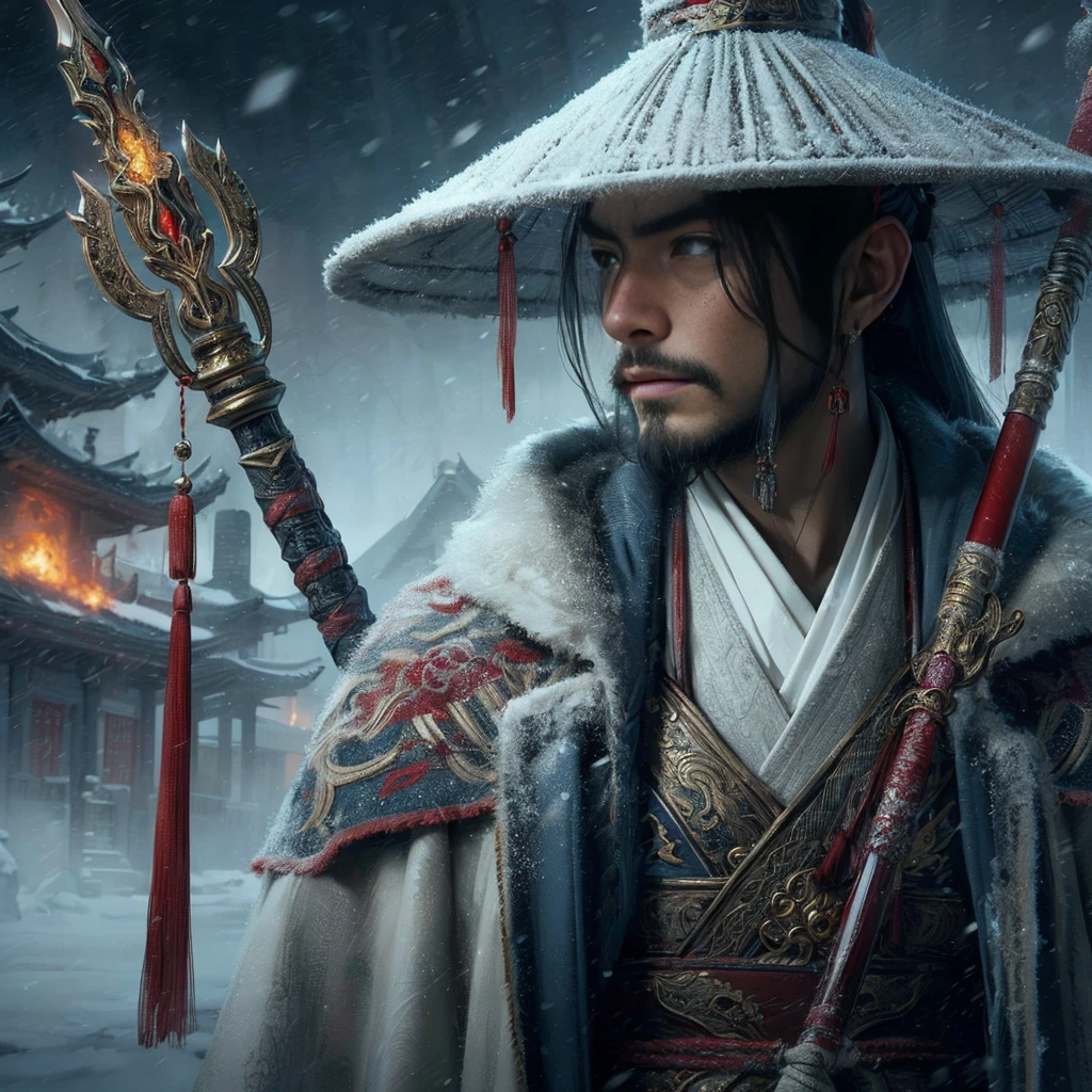(Masterpiece:1.2), (Best Quality:1.2), (high resolution:1.2), (beautiful face and eye:1.2), (sharpest focus:1.2), (Ultra-realistic Photo:1.2), (Ultra-precise Photo:1.2), (Depth of field:1.2), (perfect anatomy:1.2), (nice hands:1.2),
(perfect hands:1.2), (five fingers:1.2), (Young, fearless, beautiful, shady Chinese man:1.0), (Lonely Chinese warrior with spear:1.0), (Neatly trimmed short beard and tied hair:1.0), (Blazing Chinese period drama style fortress:1.0),
(long spear with serpentine blade and ornate decoration:1.0), (white tsubakuhiro cap and cloak:1.0), (white armor with red, blue, and yellow coloring:1.0), (snowstorm:1.0), (melancholy expression:1.0), (picturesque standing figure:1.0),