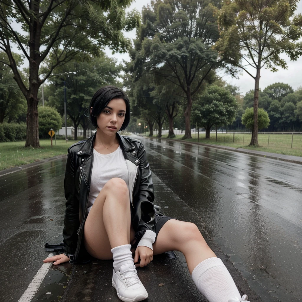 A beautiful girl is sitting in the middle of the road on a beautiful road, the girl has short black hair, she wears a black leather jacket, she wears a short blue skirt, she has white skin and she is a little sad, she wears white socks and white shoes, the girl has a sexy pose And she has a sexy body and is a little embarrassed, the whole road is full of trees and grass, the weather is cloudy and it is raining a little, the road is wet and damp.
