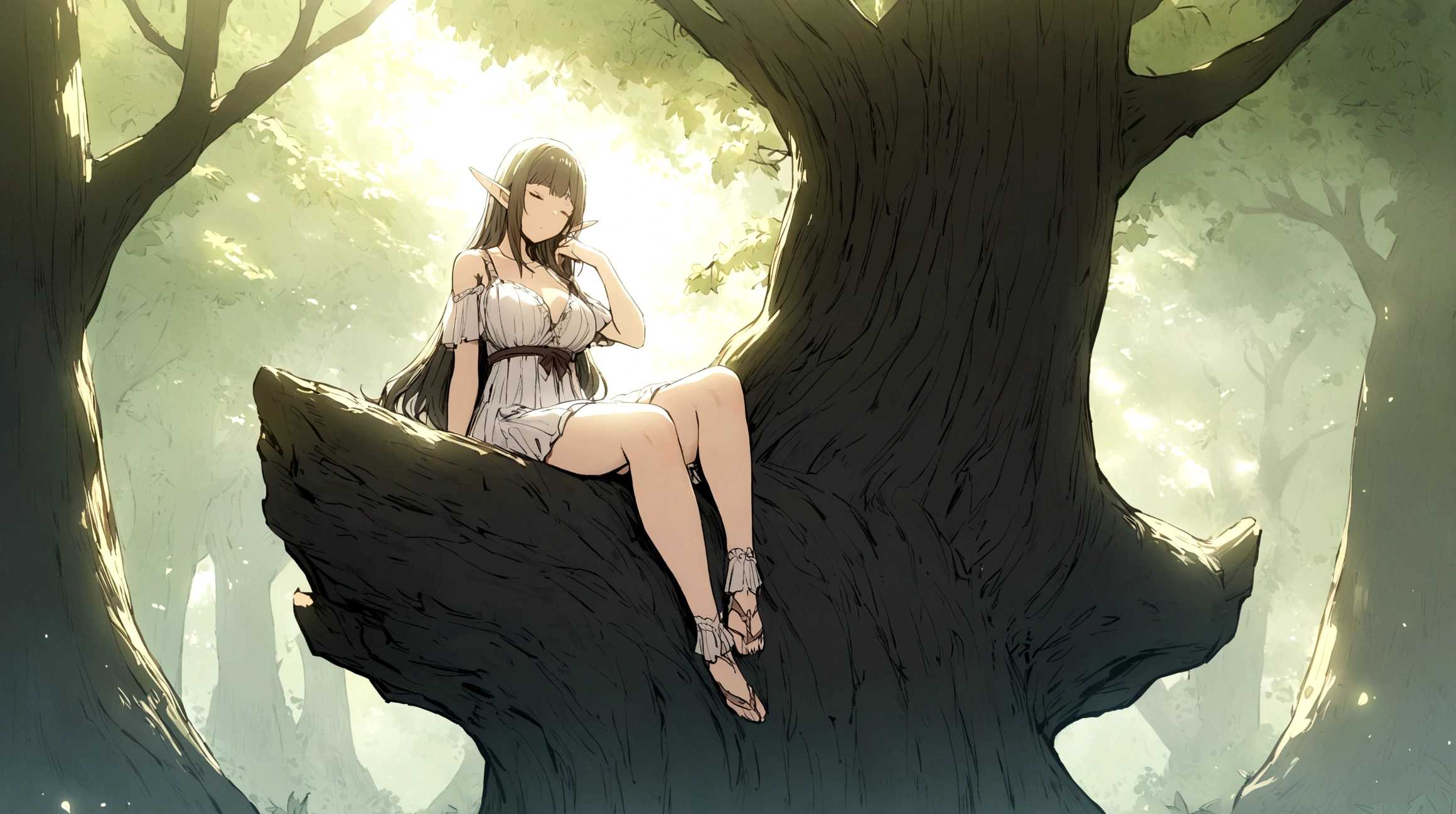A girl,Elf,Girl sleeping on the tree,茂密的Big Tree,Big Tree,Morning Sunshine