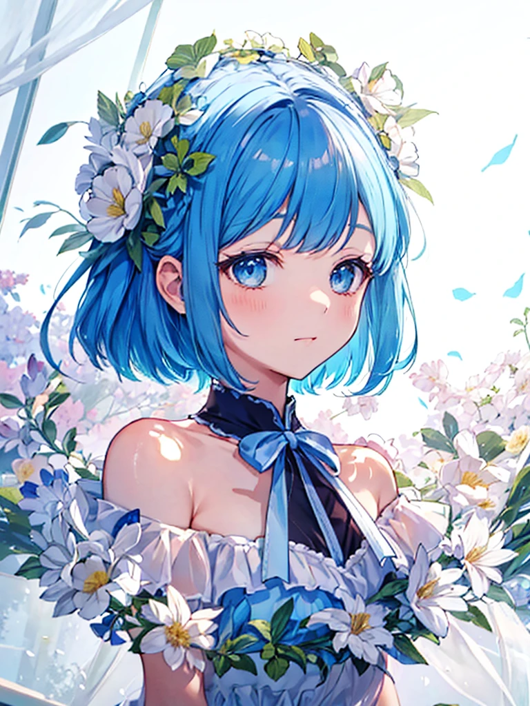 (table top, highest quality:1.2), 1 girl, alone, cute, cute, digital art、Eimei、(length, beautiful, blue hair.flowing in the wind)、T-shirt、mini skirt、Urban hustle and bustle、Arranging a date,daytime, embarrassed look, silver hair(short)、glowing skin、small-faced beauty, heart shaped necklace,low angle lens、perfect composition、Perfect light and shadow delicacy、In 8K