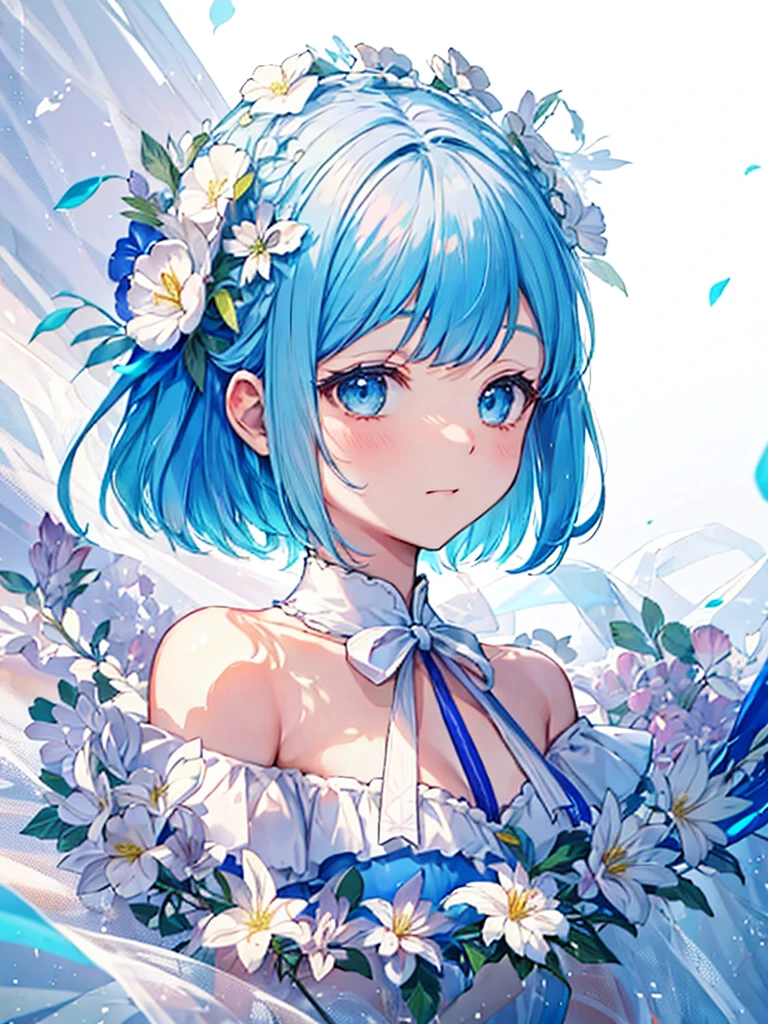 (table top, highest quality:1.2), 1 girl, alone, cute, cute, digital art、Eimei、(length, beautiful, blue hair.flowing in the wind)、T-shirt、mini skirt、Urban hustle and bustle、Arranging a date,daytime, embarrassed look, silver hair(short)、glowing skin、small-faced beauty, heart shaped necklace,low angle lens、perfect composition、Perfect light and shadow delicacy、In 8K