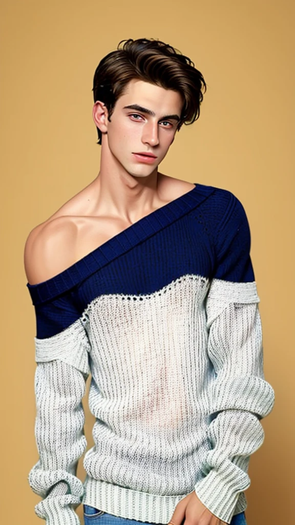 ((Best quality)), ((Masterpiece)), (Details), 1 girl, off-shoulder sweater, who stands out with a variety of looks. From the handsome, no-nonsense guy to the cool bad boy. His face is perfectly proportioned.