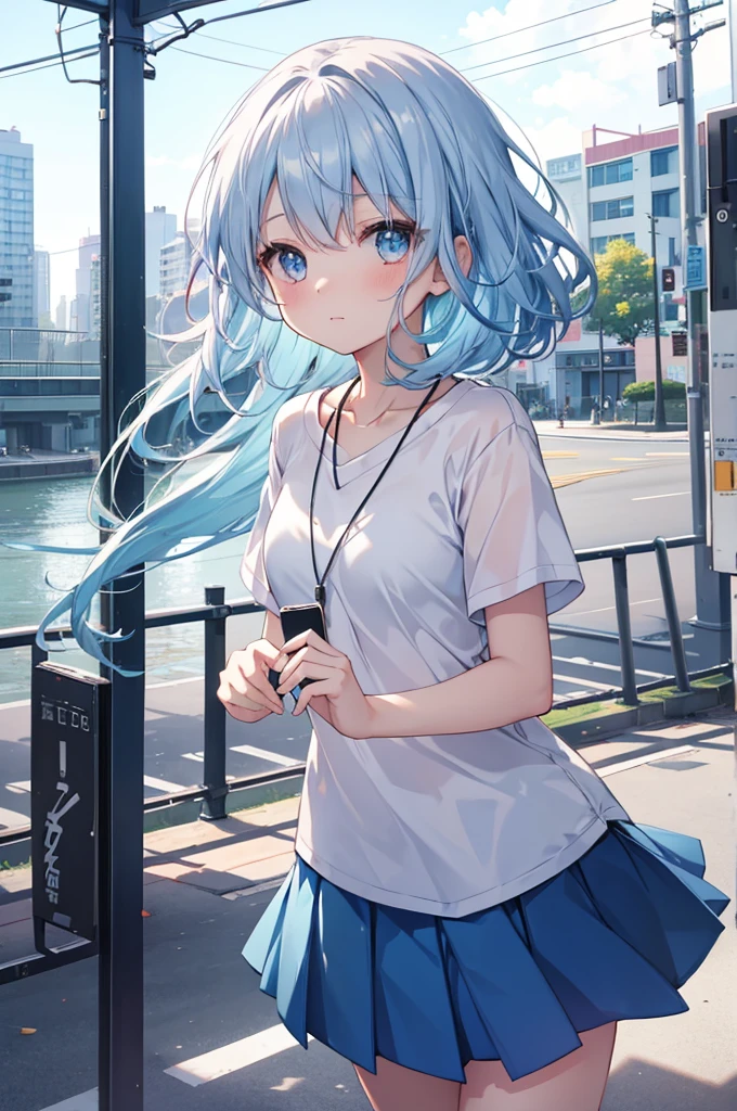 (table top, highest quality:1.2), 1 girl, alone, cute, cute, digital art、Eimei、(length, beautiful, blue hair.flowing in the wind)、T-shirt、mini skirt、Urban hustle and bustle、Arranging a date,daytime, embarrassed look, silver hair(short)、glowing skin、small-faced beauty, heart shaped necklace,low angle lens、perfect composition、Perfect light and shadow delicacy、In 8K