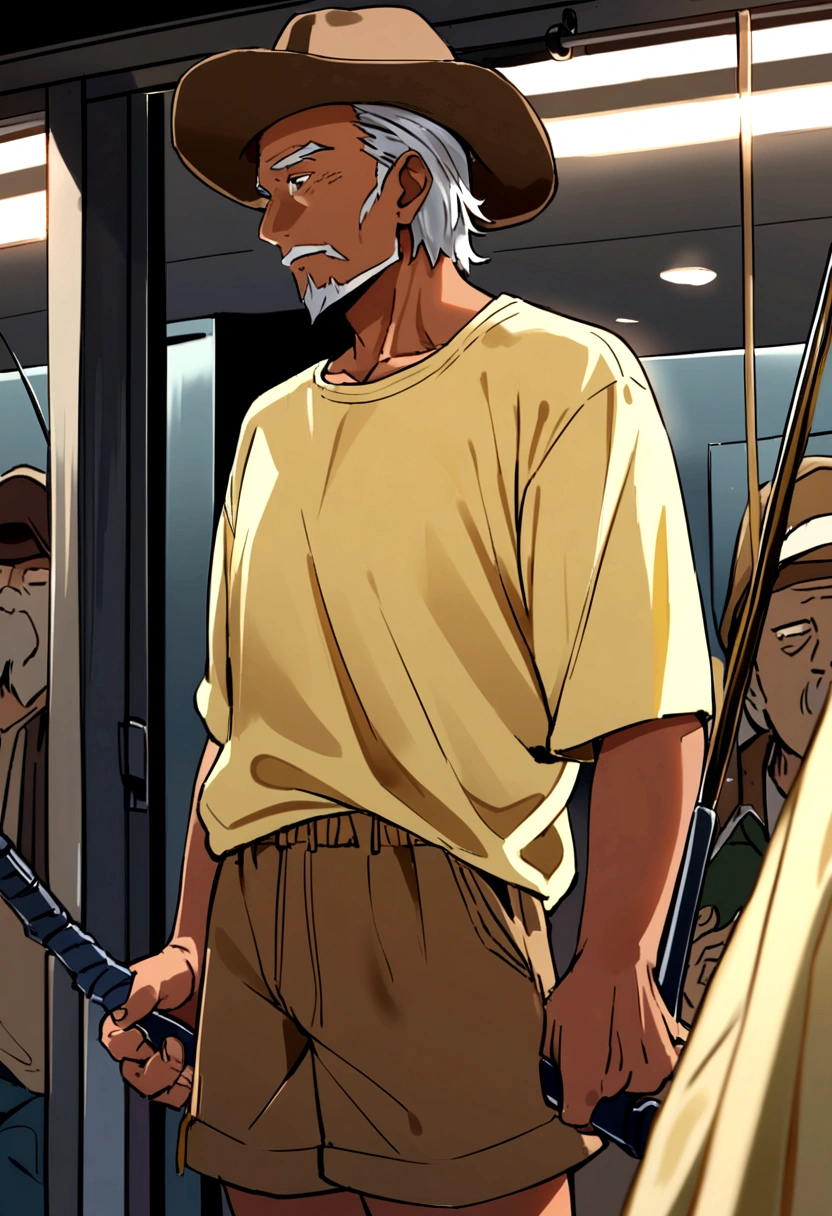 70 year old man, silver hair, goatee, brown hat, tan shirt, light yellow long sleeve t-shirt inside, brown shorts, dark blue fishing rod