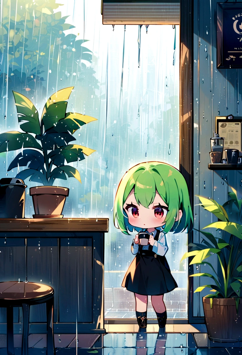 coffee shop, rain, Highest quality, masterpiece,houseplant,1girl,chibi,loli