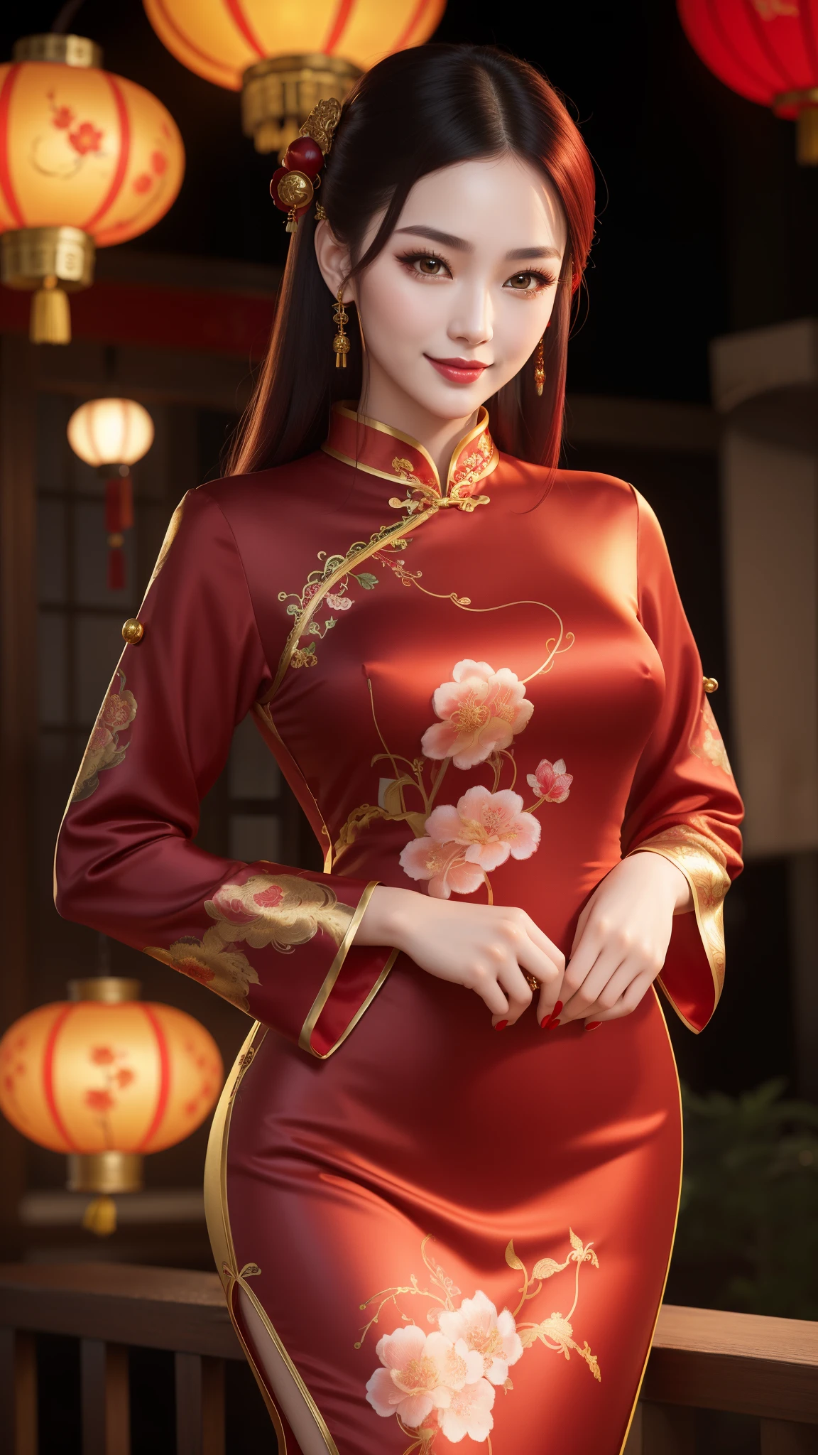 (masterpiece), Realism, high details, high quality, photorealistic, perfect face, expressive eyes, (an attractive woman in Cheongsam ), light smile, luxury, (black hair with red tips, straight, multicolored hair, colored inner hair), emerald eyes, (full detailed red Cheongsam dress, long, Hair pins, chinese dragon pattern, wild long sleeves, gold trim),height heel, hourglass body shape, well accentuated curves, slender figure, (Extremely detailed skin texture), Extremely aesthetic, (immersive), stylish, Extremely detailed realistic clothing, twilight, cherry blossom, glow Chinese lanterns, Chinese new year, (red and gold colors schemes), glossy lips, eyeshadow, beautiful makeup ,smiling in a confident, gentle smile,