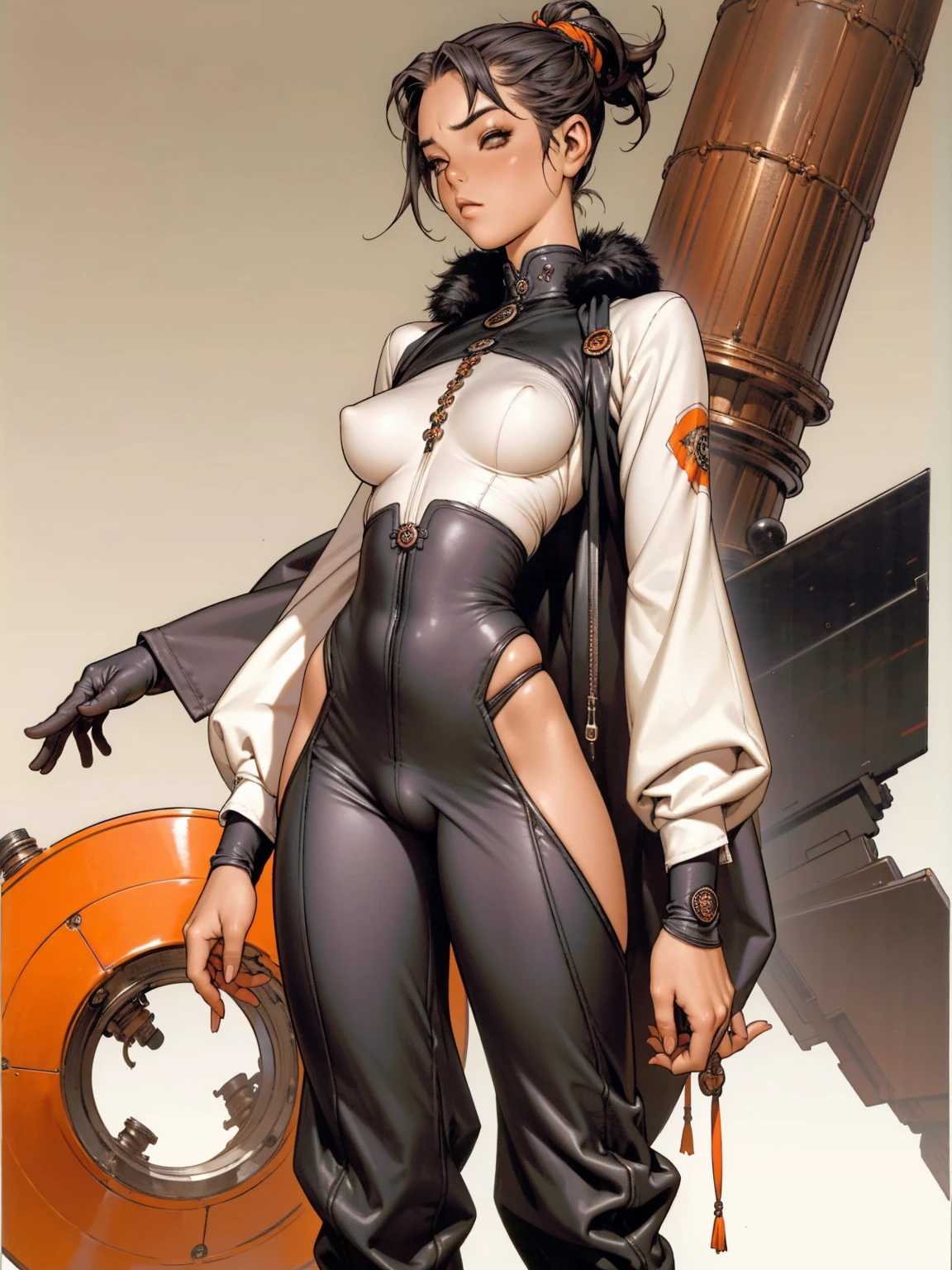 (((black))), (((best qualityer: 1.4))), (((Afro))), (((DuneWalker))), (((post-apocalypse))), (Unbeatable masterpiece), (hiper HD),(CG 8k hyper-realistic), ((( big))), (((hyper feminine))), sensuous girl, (bob hair with straight bangs), ((( sculptural body ))), (((1 girl))), 20 year anime girl with perfect body, Beautiful and well-groomed face, slanted eyes, muscular body:1.2, costume with textured details in pixel art, (Head to thigh photos),modern samurai pants, Complex equipment, rot, cerulean, yellow, orange, Violette, long pants,Tight, dark clothes,With white stars and white stripes, Metal parts in armor, afro girl, (((standing alone))), pirralha violent, (((14歳))),nsuous, pose de atitude, work of art, post-apocalypse, (((manga style))), Bounty Hunter, violent, Manic, the way you want, slenderbody, thin but strong, perfectbody, roupa moderna, Advanced technology, short shorts with checkered pattern in red and black, fur collar jacket, sleeves with vertical striped pattern, neutral background