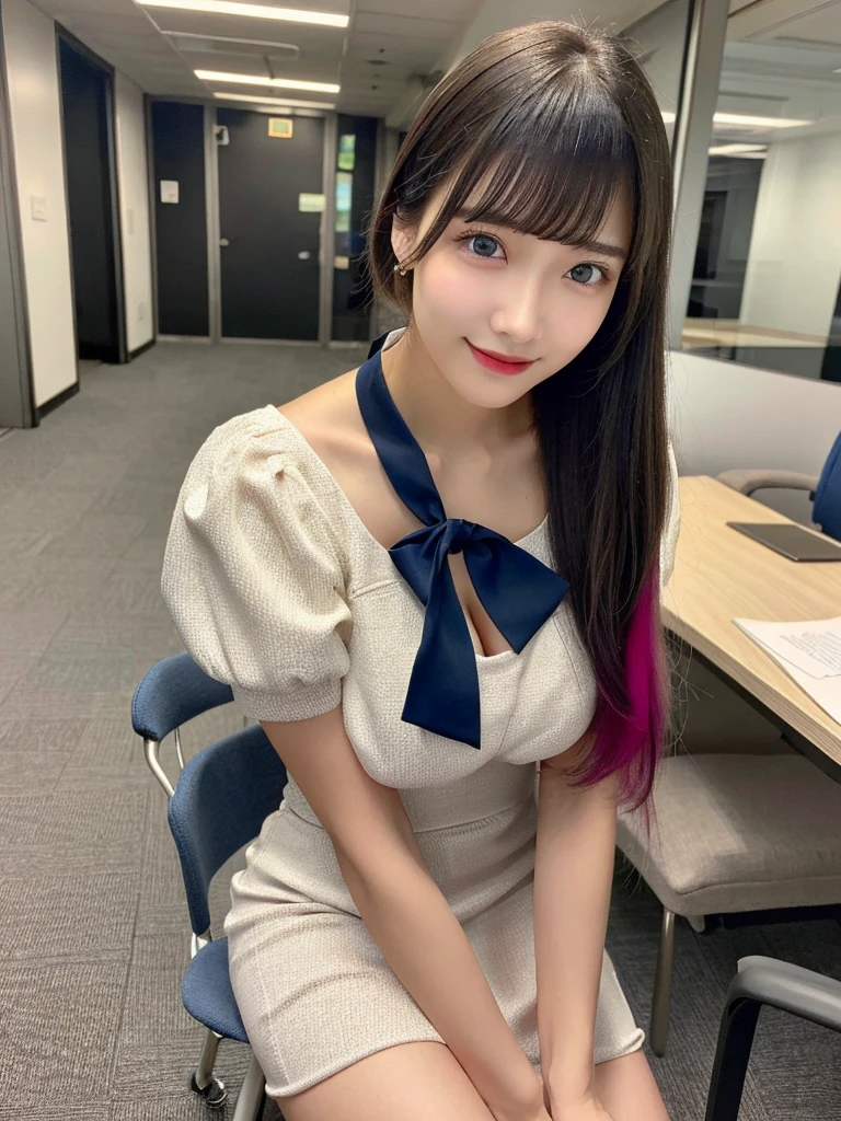 (masterpiece:1.3, Highest quality), (Realistic, photoRealistic:1.4), Beautiful illustrations, (Natural Side Lighting, Cinema Lighting), Look down, whole body, From below, 1 Girl, Japanese, (reception), 20-year-old, Perfect Face, (Perfect Anatomy), Cute and symmetrical face, Shiny skin, (Long Hair, ponytail, Black Hair, Pink hair ribbon), Swept-apart bangs, Dark blue eyes, Slanted Eyes, Long eyelashes, (Large Breasts: 0.8), Beautiful Hair, Beautiful Face, Beautiful attention to detail, Beautiful clavicle, Beautiful body, Beautiful breasts, Beautiful thighs, Beautiful feet, Beautiful fingers, ((Very detailed costume, Square neck ivory dress, )), (Beautiful views, Depth of written boundary, Detailed Background), evening, (Office Room), indoor, Overlooking:building, Are standing, (smile),