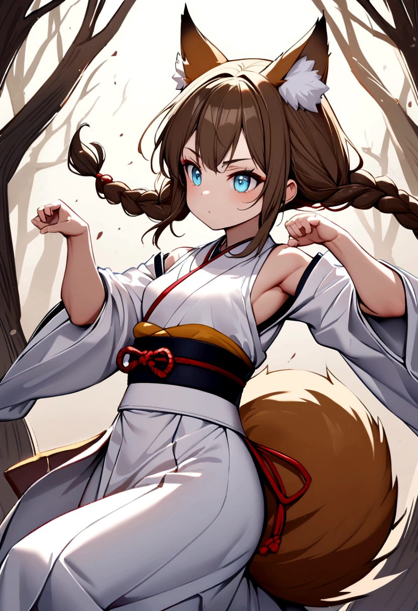 cute young girl, brown hair, long hair, small braids hair, light blue eyes, fox ears, fox tail, muscular body, small breast, japanese outfit, fight with sword pose, spiritual