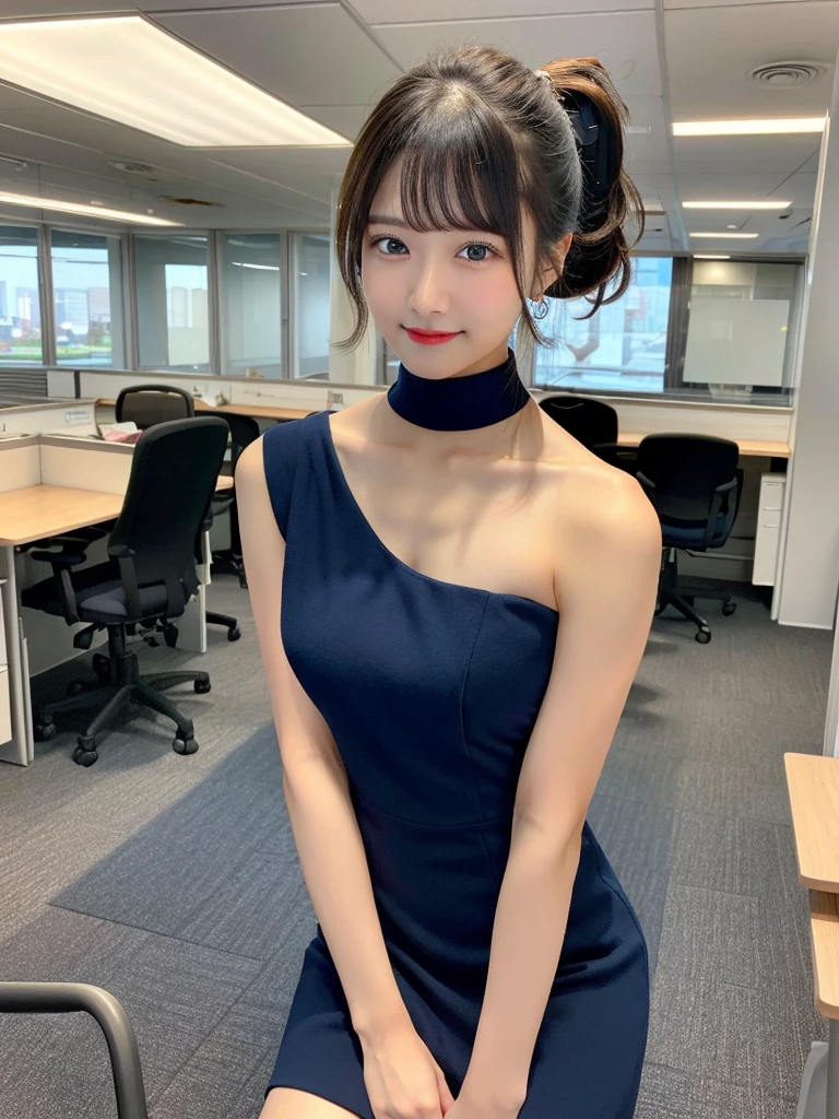 (masterpiece:1.3, Highest quality), (Realistic, photoRealistic:1.4), Beautiful illustrations, (Natural Side Lighting, Cinema Lighting), Look down, whole body, From below, 1 Girl, Japanese, (reception), 20-year-old, Perfect Face, (Perfect Anatomy), Cute and symmetrical face, Shiny skin, (Long Hair, ponytail, Black Hair, Pink hair ribbon), Swept-apart bangs, Dark blue eyes, Slanted Eyes, Long eyelashes, (Large Breasts: 0.8), Beautiful Hair, Beautiful Face, Beautiful attention to detail, Beautiful clavicle, Beautiful body, Beautiful breasts, Beautiful thighs, Beautiful feet, Beautiful fingers, ((Very detailed costume, Square neck ivory dress, )), (Beautiful views, Depth of written boundary, Detailed Background), evening, (Office Room), indoor, Overlooking:building, Are standing, (smile),