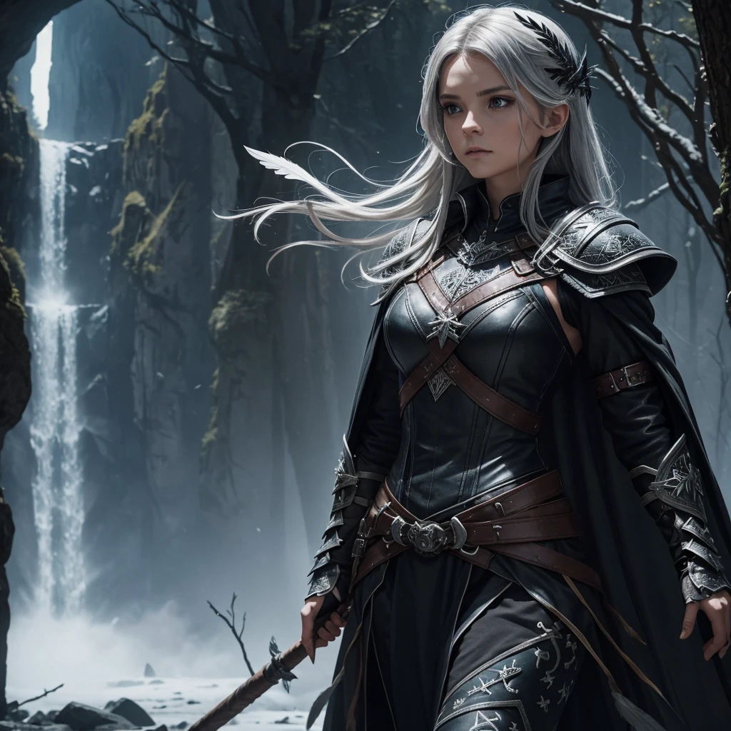 Armor and magical garments. Dark, Leather armor decorated with runes covers her upper body and arms. Under the armor she wears a black, slightly torn cloak, fluttering in the wind.arch: Ihr arch besteht aus einem dunklen, enchanted wood, decorated with silver or luminous symbols. Der arch strahlt eine unheimliche Energie aus.Arrows: Die Arrows in ihrem Köcher wirken ebenfalls magisch, with black feathers and tips, which are surrounded by a dark aura.backdrop: Der backdrop könnte einen düsteren Wald oder eine verfallene, show foggy landscape, which enhances the mystical and threatening atmosphere.