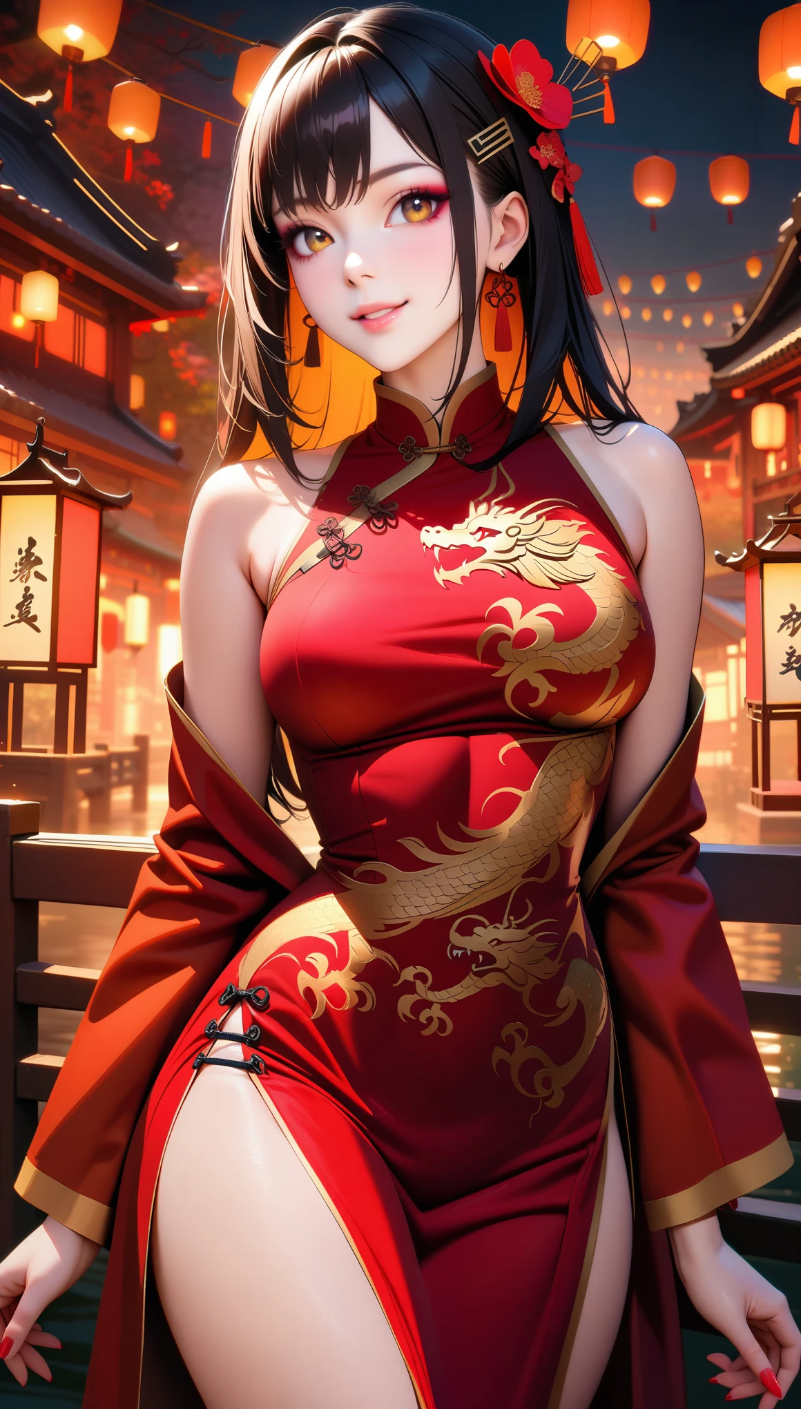 (masterpiece), Realism, high details, high quality, photorealistic, perfect face, expressive eyes, (an attractive woman in Cheongsam ), elegant woman, (light smile), luxury, (black hair with red tips, straight, multicolored hair, colored inner hair), emerald eyes, (full detailed red Cheongsam dress, Hair pins, chinese dragon pattern, wide long sleeves, gold trim),height heel, hourglass body shape, well accentuated curves, slender figure, (Extremely detailed skin texture), Extremely aesthetic, (immersive), stylish, Extremely detailed realistic clothing, twilight, cherry blossom, glow Chinese lanterns, Chinese new year, (red and gold colors schemes), glossy lips, eyeshadow, beautiful makeup ,smiling in a confident, gentle smile,