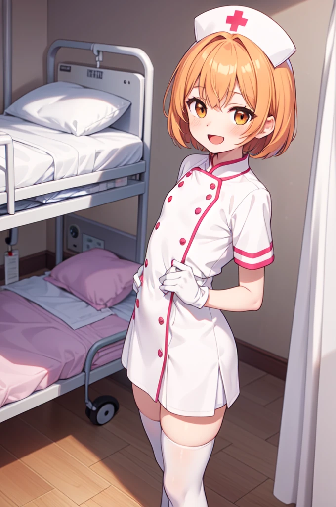1boy, solo, male focus, nurse, white nurse cap, white nurse uniform, ((white legwear, zettai ryouiki)), white gloves, short hair, orange hair, smile, open mouth, standing, ((hospital room)), sharp outline, short sleeves, shota, 12 years old, best quality, masterpiece