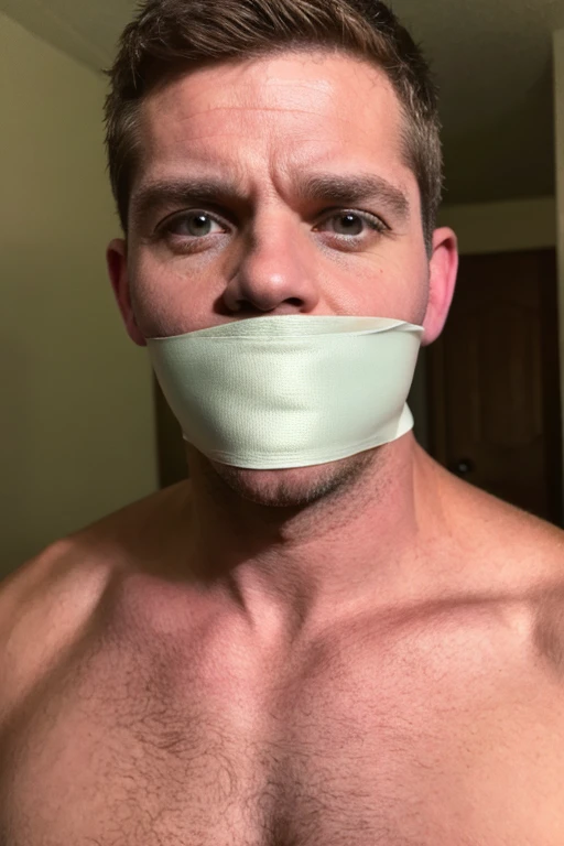 handsome middle aged man, slightly fat, stubble, bearded, hairy chest, short brown hair, looking at viewer, sad, tape gag, tape wrapped around face, tape wrapped, wrap gag, tightly bound