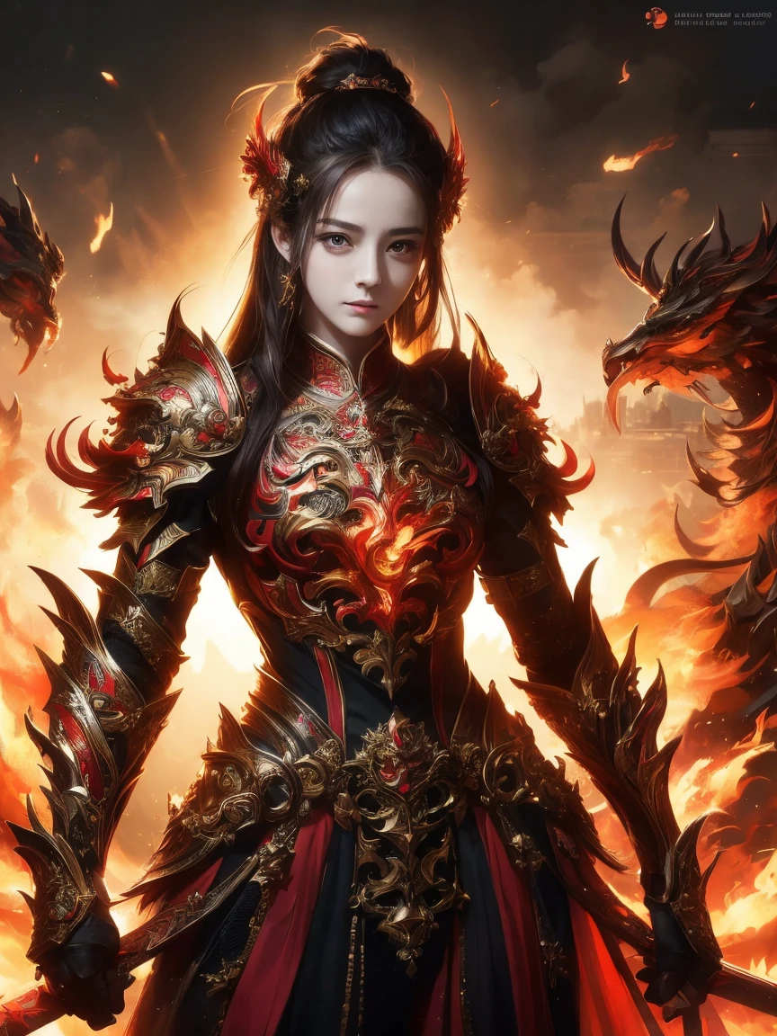 ((Low angle view)), ((Detailed background)), ((Battlefield, group of armies)), (masterpiece, top quality, best quality, official art, beautiful and aesthetic:1.2), (1girl),craft a Hyper-realistic portrayal of a futuristic (1girl1.2), (beautiful Dilireba), beautiful character donned in intricate armor surrounded by captivating flames, an epic long (sword:1.2), Dynamic pose, Random pose, Dynamic angle, battle stance, Meticulous details capture the intense fusion of tradition and innovation in this visually stunning composition. Trending on Artstation. Perfect lighting,,