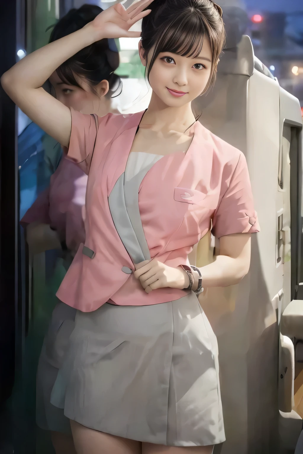 (masterpiece:1.2, Highest quality:1.2), 32K HDR, High resolution, (alone、1 girl)、 (Height: 160cm)、(On the rooftop of a building in the daytime、Professional Lighting)、Building rooftop background、(Nankai train crew uniform pinkを着たリアルスタイル)、(Nankai train crew uniform pink short sleeve collarless pink jacket、Nankai Train Crew Uniform Pink Collarless Short Sleeve Blouse、Nankai Train Crew Uniform Pink Grey Knee-length Culottes)、Dark brown hair、(Hair tied up、Hair tied up、Evening curly hairstyle)、Dark brown hair、Long Shot、Big Breasts、Thin legs、((Great hands:2.0)),((Harmonious body proportions:1.5)),((Normal limbs:2.0)),((Normal finger:2.0)),((Delicate eyes:2.0)),((Normal eyes:2.0)))、smile、(Nankai Train Crew Uniform Pink Grey Knee-length Culottesを見せた美しい歩く姿)、Place your hands around your stomach、Lanyard employee ID card