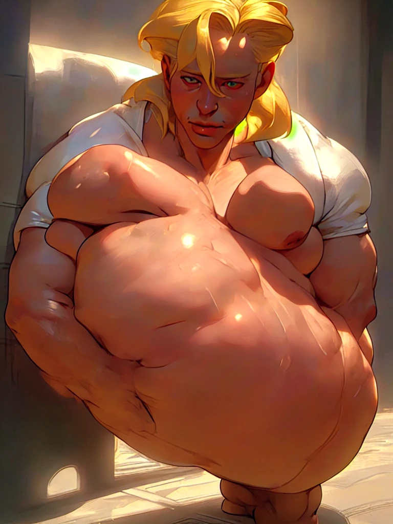 A old handsome blond man, extremely detailed facial features, beautiful detailed eyes, beautiful detailed lips, extremely detailed face and skin, morbid obesity, huge pregnant fat belly, high quality, photorealistic, 8k, hyperrealistic, intricate details, natural lighting, dramatic shadows, vivid colors, cinematic composition