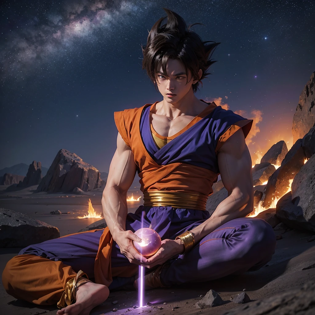 goku vs bills, shining both, Bills shining in purple and Goku in gold, in the night sky, com nuvens, over a desert, realistic and detailed. With the original clothes from the anime 