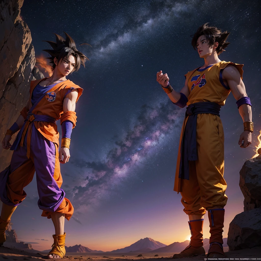 goku vs bills, shining both, Bills shining in purple and Goku in gold, in the night sky, com nuvens, over a desert, realistic and detailed. With the original clothes from the anime 