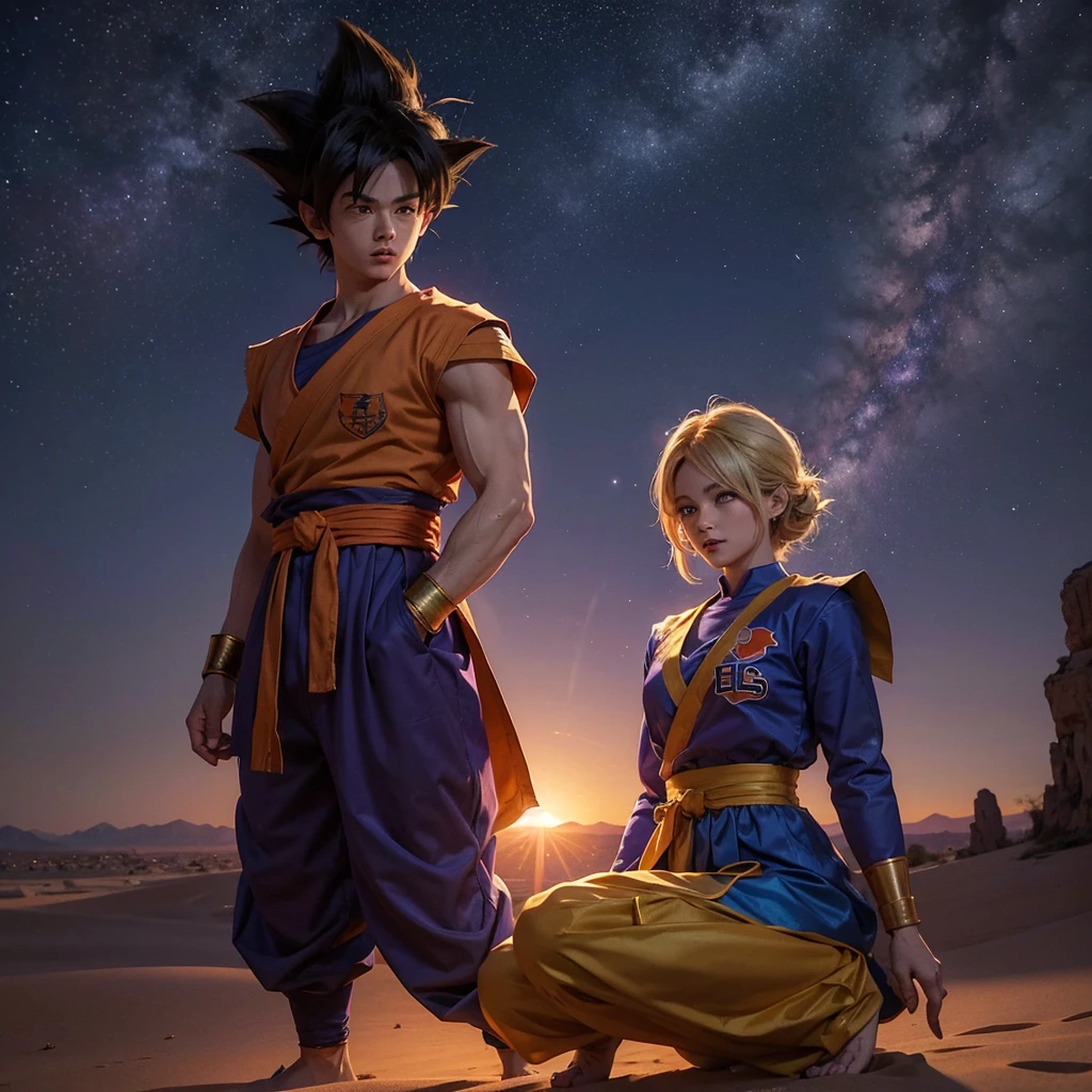 goku vs bills, shining both, Bills shining in purple and Goku in gold, in the night sky, com nuvens, over a desert, realistic and detailed. With the original clothes from the anime