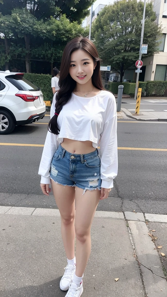 Wearing a white shirt, girl, (tight top:1.5),close your mouth and smile,legs long,Skinny super shorts,White skin of the,high high quality,4K, Face-to-face audience, 1 plump girl,hair tying up,at the street side,(Bring your legs together:1.5),with a round face, 32 inches in the chest, (sexy pose),(standing pose) ,(full body shot)、Chest 32 inches, ,Stand on the grass and take pictures