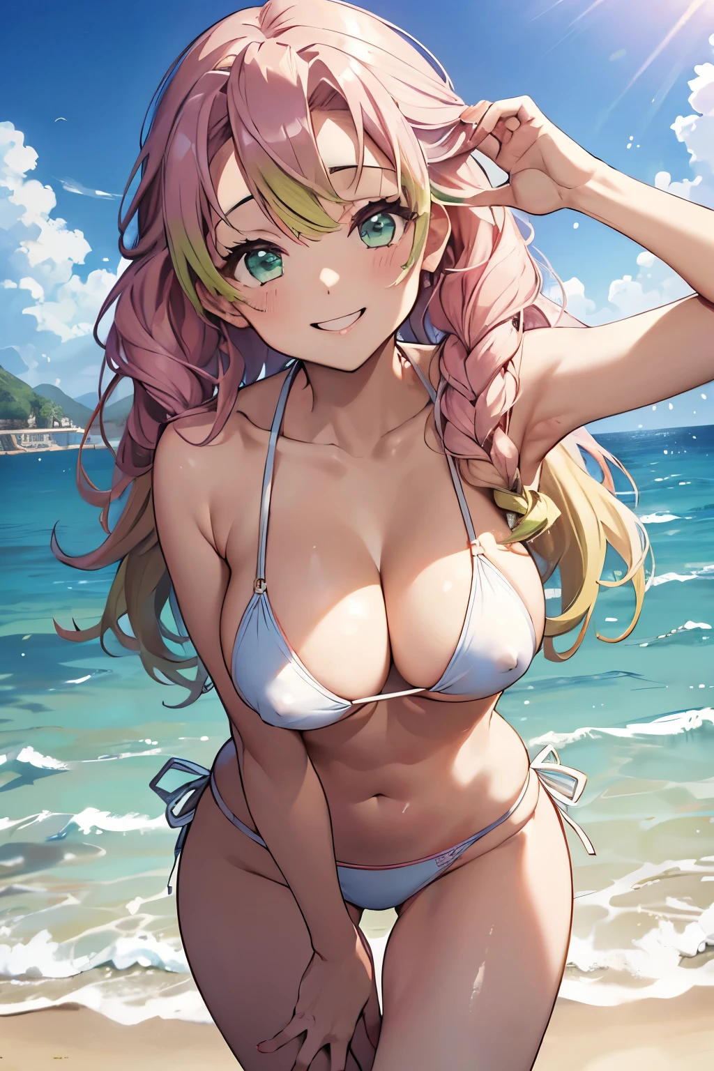 (8K、masterpiece、Highly detailed background、high resolution)、(Mitsuri Kanroji)、Cleavage、(beach、White Bikini、Swim ring、Gravure pose、Embarrassed smile、Nipple protrusion)