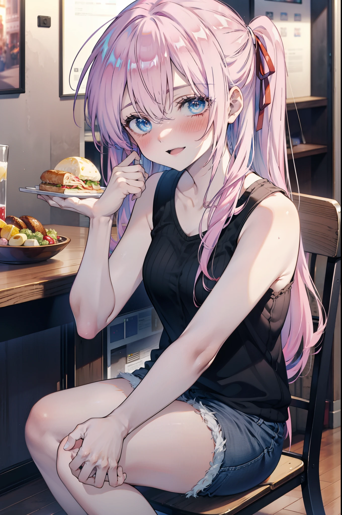 miyakoshikimori, miyako shikimori, Long Hair, blue eyes, Hair between the eyes, Pink Hair,ribbon, red ribbon,blush,smile,Open your mouth,Squint your eyes,black tank top shirt,Shorts,Sitting in a chair,There is food on the table,So that the whole body goes into the illustration,Resting one's chin on one's hand,
break looking at viewer,
break indoors, room,
break (masterpiece:1.2), Highest quality, High resolution, unity 8k wallpaper, (figure:0.8), (Beautiful attention to detail:1.6), Highly detailed face, Perfect lighting, Highly detailed CG, (Perfect hands, Perfect Anatomy),