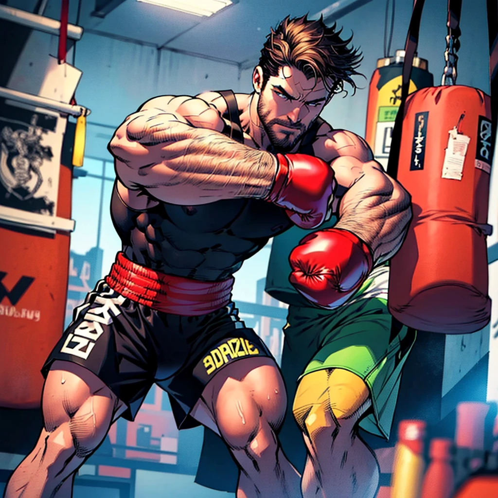 1 man solo ,sexy mature daddy,stephen amell  ,dark blond hair, stubble,beard and sexy moustache ,muscular , best quality, masterpiece, ultra high resolution, Detailed background illustration, single,  muscles, Volumetric lighting, depth of field, beard, flow,wearing a boxing short , shirtless showing hard nipples , huge bulge, boxing gloves ,, martial artist, flow sweat, short dark blond hair, perfect eyes, barefoot,  Boxing pose in the ring 