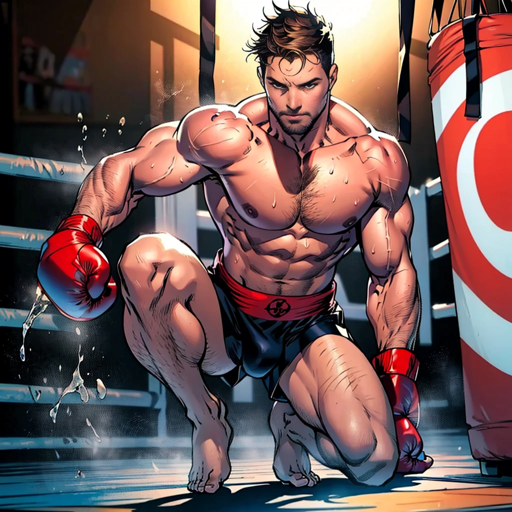 1 man solo ,sexy mature daddy,stephen amell ,dark blond hair, stubble,beard and sexy moustache ,muscular , best quality, masterpiece, ultra high resolution, Detailed background illustration, single, muscles, Volumetric lighting, depth of field, beard, flow,wearing a boxing short , shirtless showing hard nipples , huge bulge, boxing gloves ,, martial artist, flow sweat, short dark blond hair, perfect eyes, barefoot, Boxing pose in the ring