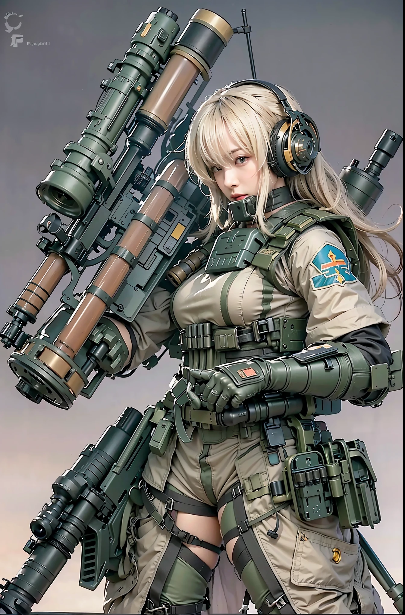 (RAW quality:1.4), Realistic, highest quality:1.3, High resolution, 1 female, 16 years old, alone, sexy, Hip Up, Beautiful Blue Eyes, (Realistic Face), (boyish, Silver color very short hair), Tight light grey military bodysuit, Assault rifle, jewelry, Portraiture, (Assault rifleを持つ:1.4),