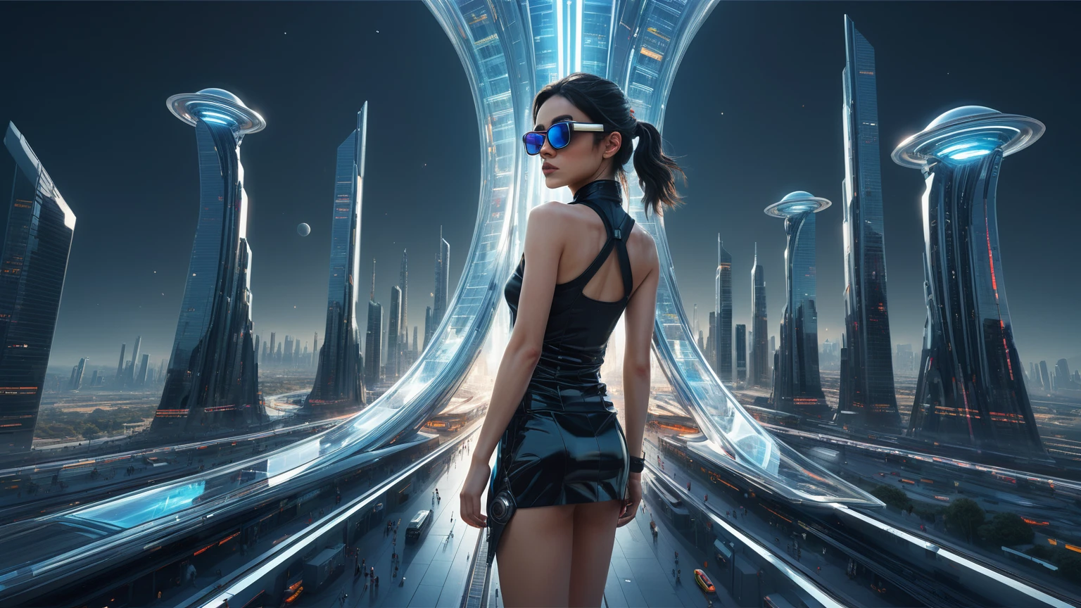 Brightly colored abstract aerial view image of a futuristic railway station with a spiral, a (((((futuristic all-glass train))))) passing by, epic beautiful space sci-fi, chaotic cinematic space rift, Greg Beeple, planets colliding, Beeple and Tim Hildebrandt, Beeple and Jean Giraud, end of the universe, (((((giant abstract sculpture))))), galaxy space sci-fi, ringworld, by Mike "Beeple" Winkelmann. Matrix style, (((((Matrix cascading code))))), (((((a futuristic twin tower skyscraper with a unique twisted design))))), (((((OLED GUI interfaces in the building))))), at night, (((((1girl, solo))))), photo realistic, (((large-breast:1.1 slim body, cleavage:1.4))), (((off broken mini sling-shirt and black sling bra, extreamly short pleated miniskirt exposing panty))), (((((running pose))))), (((((((matrix style black micro sunglasses))))))), ((((((((((aiming with a short gun)))))))))), (((((looking at camera))))), (((very low view))), (((((half-body thigh level medium shot))))), (((cinematic lighting))).