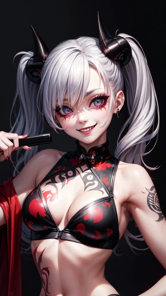 tattoo girl, very beautiful, murderous, Harley Quinn, crazed look, dark background, 8K, dynamic wallpaper, very delicate, very dense, creepy smile, close up to camera, black cheongsam, dark wall background