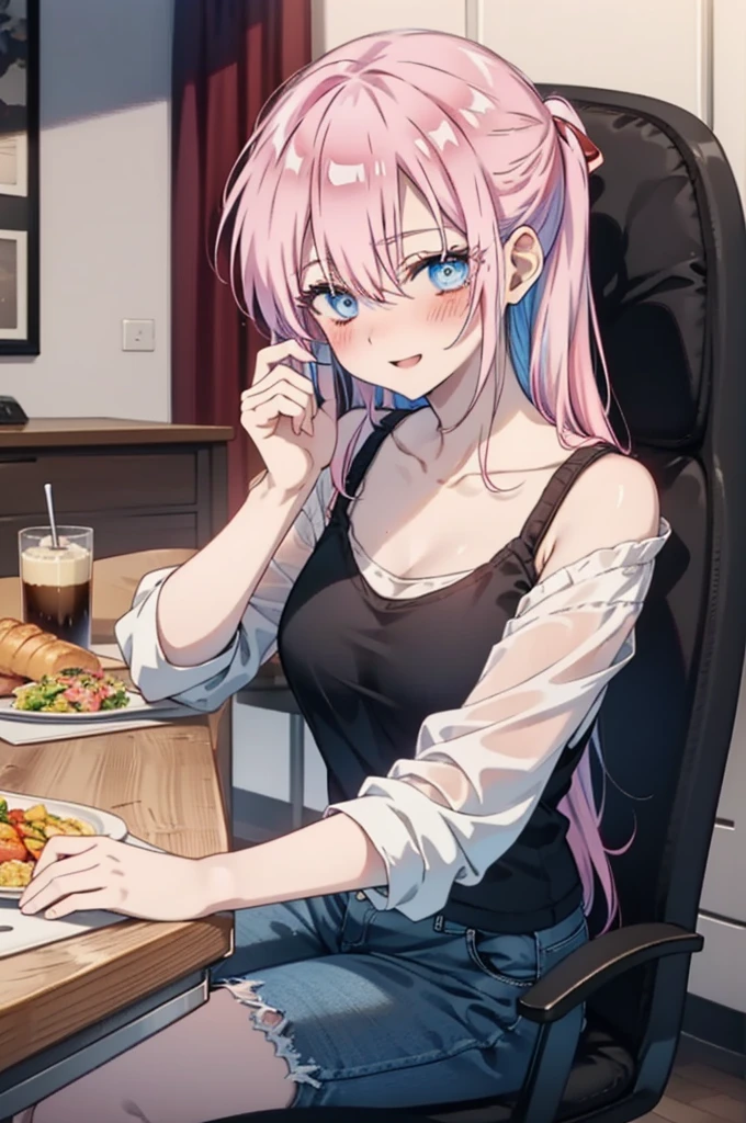 miyakoshikimori, miyako shikimori, Long Hair, blue eyes, Hair between the eyes, Pink Hair,ribbon, red ribbon,blush,smile,Open your mouth,Squint your eyes,black tank top shirt,Shorts,Sitting in a chair,There is food on the table,So that the whole body goes into the illustration,Resting one&#39;s chin on one&#39;s hand,
break looking at viewer,
break indoors, room,
break (masterpiece:1.2), Highest quality, High resolution, unity 8k wallpaper, (figure:0.8), (Beautiful attention to detail:1.6), Highly detailed face, Perfect lighting, Highly detailed CG, (Perfect hands, Perfect Anatomy),