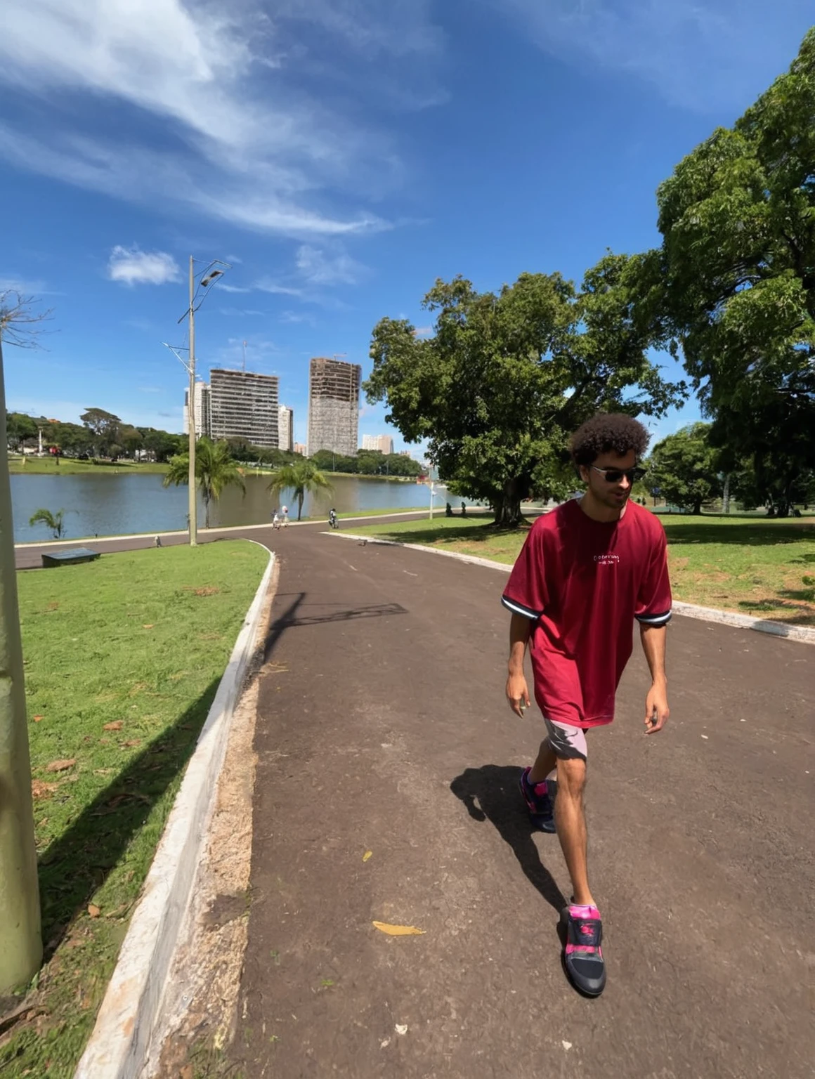 there is a man with curly hair walking along a road, with a park in the background, walking in the park, with a park in the background, park in the background, In a city park, with a city in the background, caio santos, in a park .