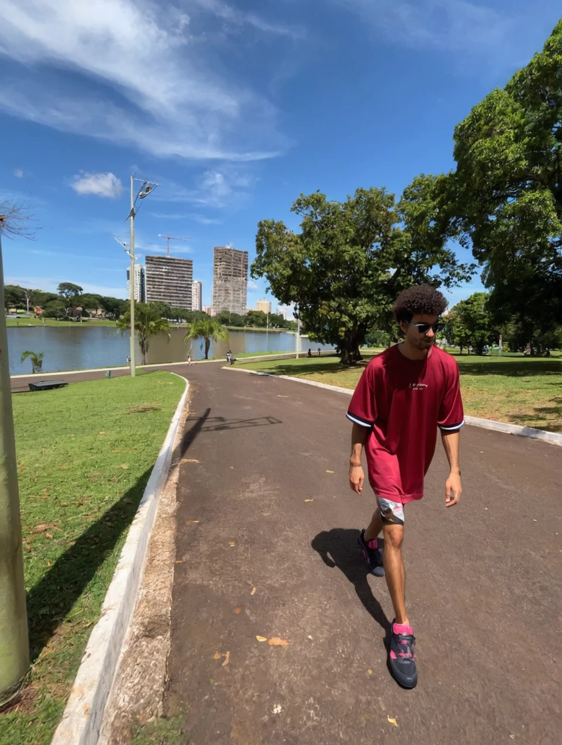 there is a man with curly hair walking along a road, with a park in the background, walking in the park, with a park in the background, park in the background, In a city park, with a city in the background, caio santos, in a park .