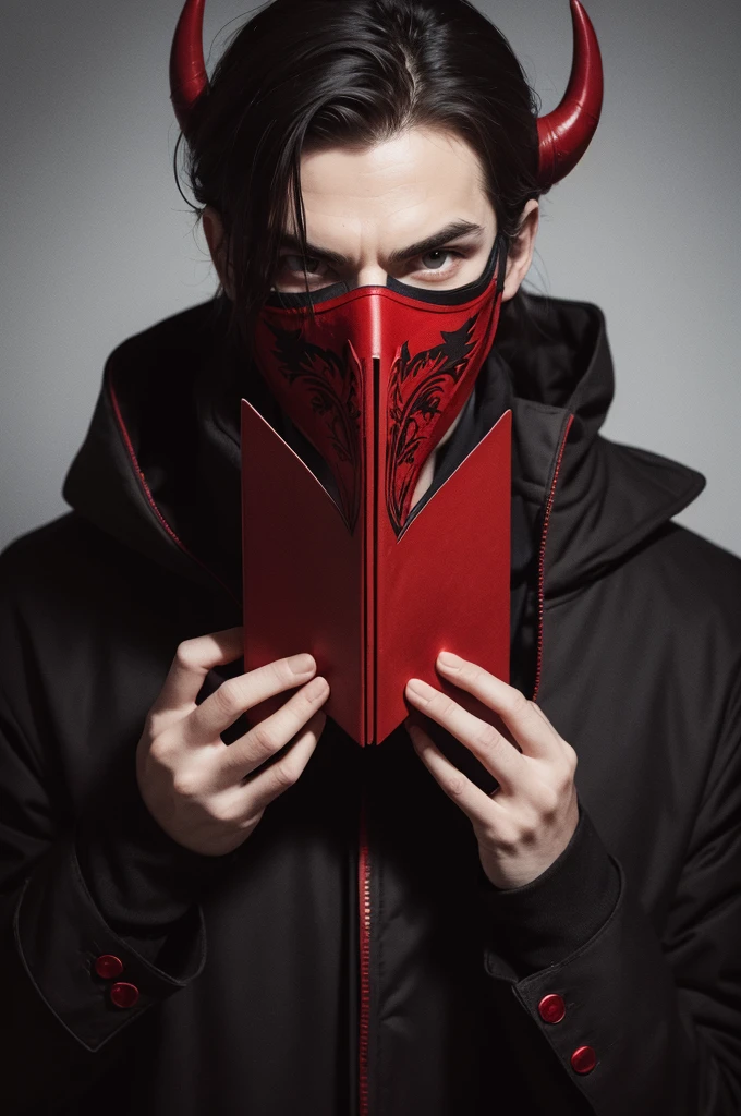 make a book cover inspired by the devils nigh books, Masked man with a mask similar to Damon Torrance but in the same red color