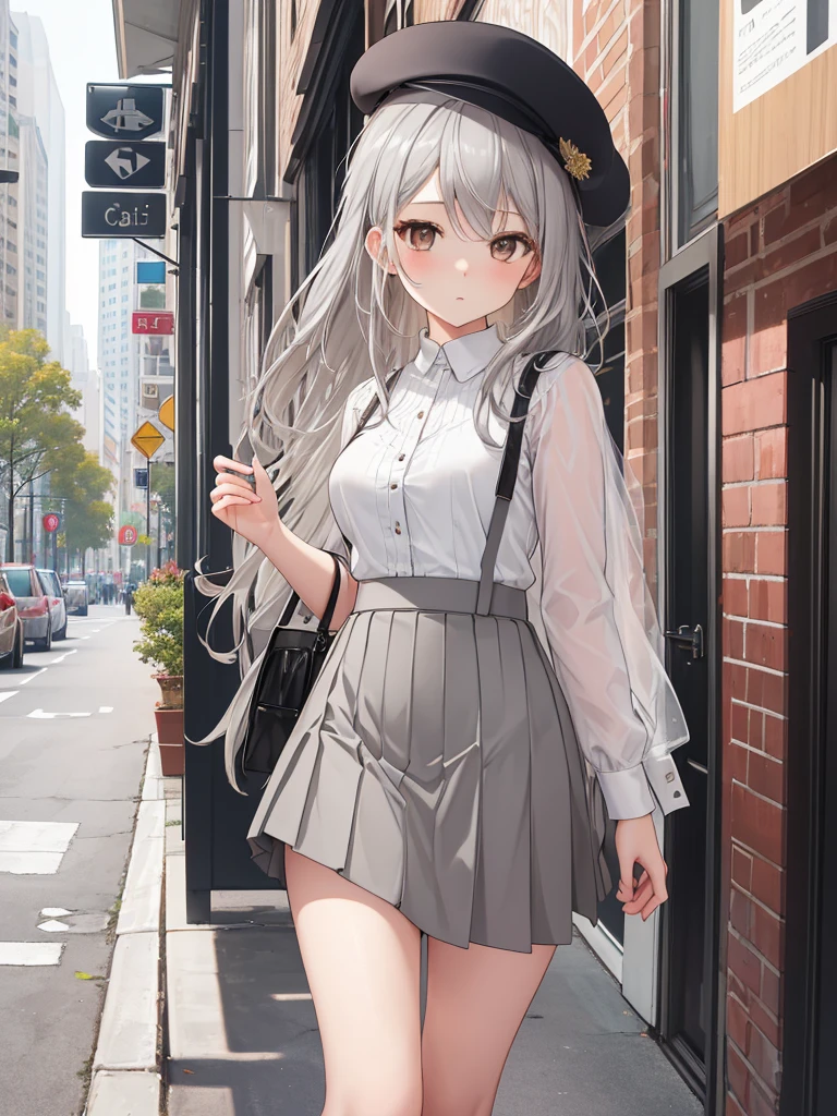 masterpiece, high quality, best quality, beautiful, hd, perfect lighting, detailed face, detailed body, 1 girl, solo, (long gray hair), brown eyes, medium breasts, ((white underwear)), ((short gray skirt)), (gray hat), in front of a cafe,