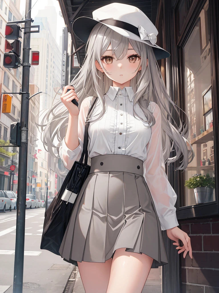 masterpiece, high quality, best quality, beautiful, hd, perfect lighting, detailed face, detailed body, 1 girl, solo, (long gray hair), brown eyes, medium breasts, ((white underwear)), ((short gray skirt)), (gray hat), in front of a cafe,