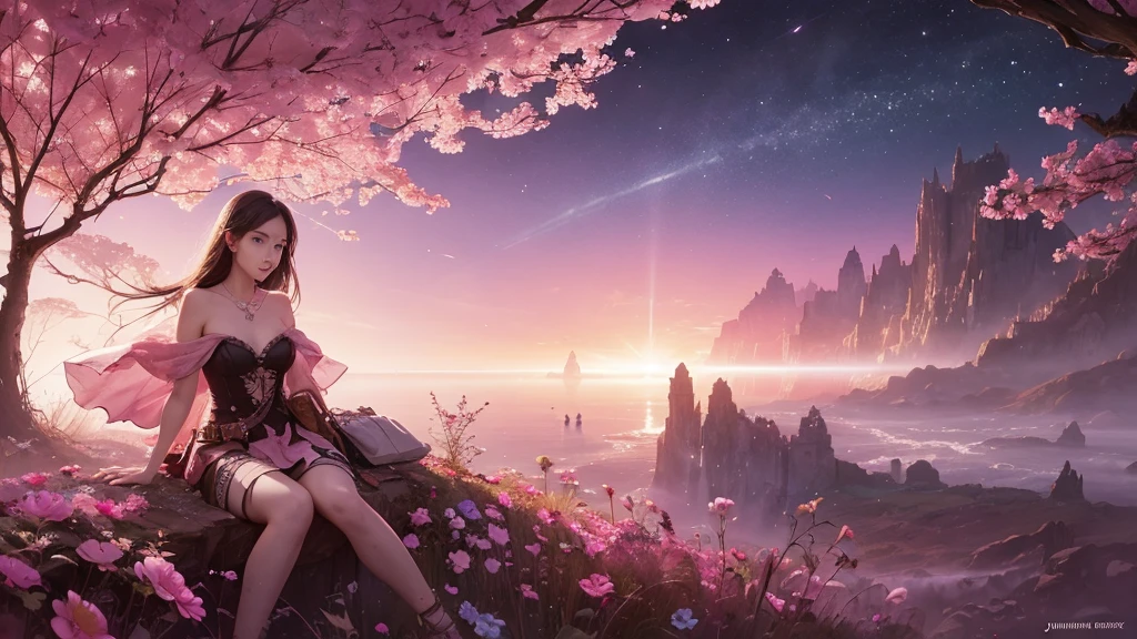 32k, Masterpiece, Highest quality, One girl, Detailed eyes, flower,Sandersonia, Pink and brown style,A dreamy, romantic piece,Pale pink, Mysterious Leaves,A playful arrangement,Fantasy,High Contrast,Ink strokes,explosion,Exposure, Impression of pink and brown tones,Abstract,((Watercolours by John Berkey and Jeremy Mann )) Brush strokes,Negative Space, Tyndall effect,