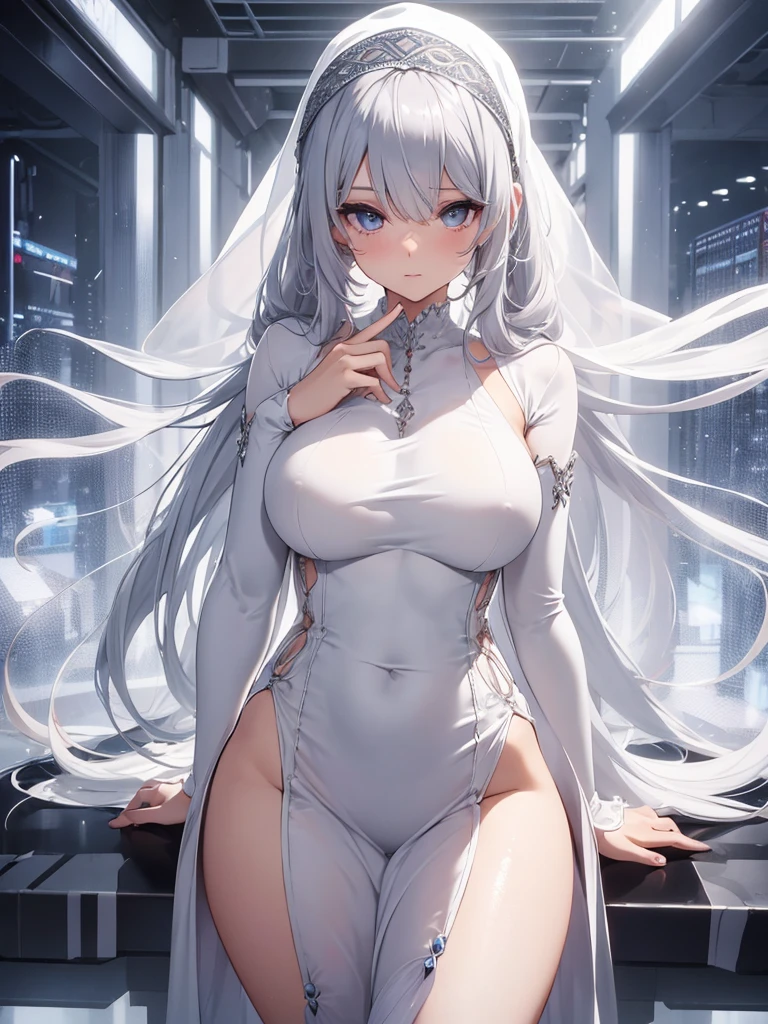 Girl, silver hair, white headscarf, white dress, half body image, big , whole body stocking inside dress, perfect finger s, perfect eyes, 4k image