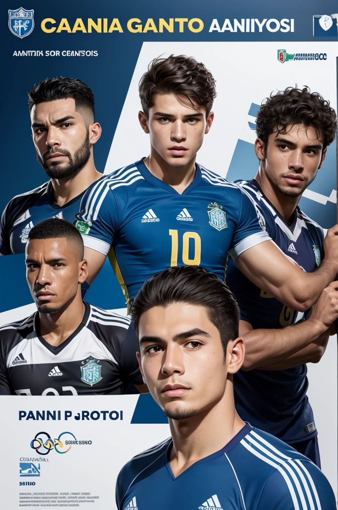 Create a new signing announcement poster for the football team by name of the players: Antônio Carlos the goalkeeper, Gustavo Roseno and Pedro Henrique, on the team the Olympians